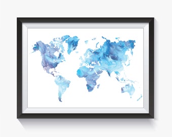 Purple Blue Watercolor World Map Silhouette Download | PDF & JPG