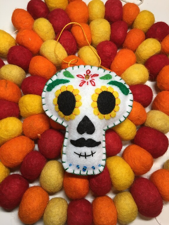 Sugar Skull Ornament Orange Glitter Day of the Dead Calavera Decor Gift