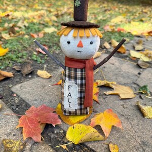 Handmade Fall Scarecrow Doll, Whimsical Autumn Decor, Cute Rustic Figurine, Cozy Farmhouse Shelf Sitter, Fabric Harvest Decoration