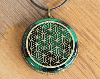 Orgonite® Pendant Orgone "Flower of Life" with with Malachite Tourmaline novel Shungite Herkimer Diamond Pyrite Hämatite ∅ 1,6"