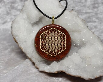 Orgonite® Pendant Orgone open flower of life red jasper