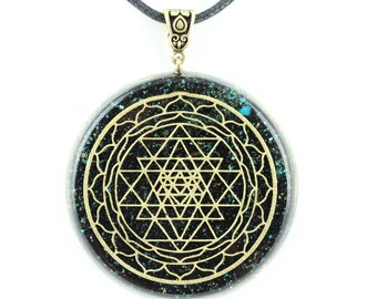 Orgonite® Pendant Orgone SRI YANTRA with chrysocolla Tourmaline novel Shungite Herkimer Diamond Pyrite Hämatite ∅ 1,6"