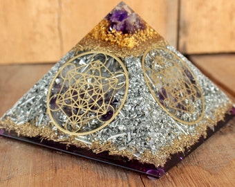 Orgonite® Orgone Pyramid Orgone 4x 24 carat gold multi-wave oscillators by Lakhovsky  "The Source of Harmony"  octahedron pyramid cut