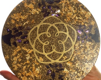 Orgonit ® Plate Orgon Energy SRI YANTRA  ∅ 7,88" with Amethyst, Quartz crystal and Sodalith