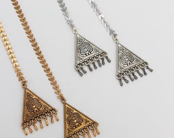 Tibetan Triangle Face Chain | Handmade Festival Jewelry | Boho Burning Man Adornment | 14k Gold and Silver Rave Accessories