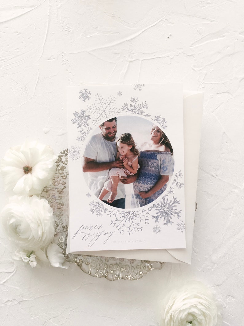 hipster neutral dusty blue minimalistic nature Botanical Snowflakes Christmas Photo Card 6 Ink Color Options Hand-drawn