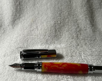 Hand Poured Acrylic Fountain Pen: Gold Red Resin, Chrome Vertex Style
