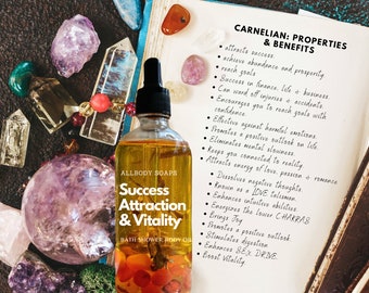 SUCCESS, ATTRACTION & VITALITY Body Oil | Carnelian Crystal Body Shower Oil | Bath oil | Massage Oil infused with crystals.