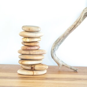 May include: A stack of smooth, light brown wooden discs, resembling a zen rock garden, sits on a wooden surface. A light brown driftwood branch is in the background.