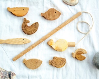 Wooden fishing pole with 8 fishes toys #85 Wooden rainbow toy Magnetic fishing rod Montessori wooden game Fish toy kids Fishing game