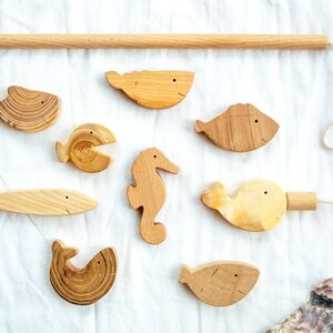 Wooden toy set 9 fishes and rode, Animal toy for Baby, Simulation toy, Wood toy for Kids, Wooden Pole, Baby toy for boy, Baby gift, #999