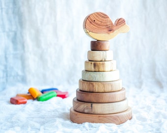 Baby stacking toy WHILE Wooden stacking toy Baby nursey decor Stacking tower Rainbow toy Stacking toy for toddlers Stacking toy for kids