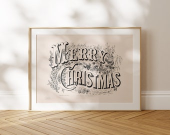 Merry Christmas Lettering | Vintage Christmas Printable Poster | Minimalist Holiday Wall Art | Cozy Home Decor | misprintdesign