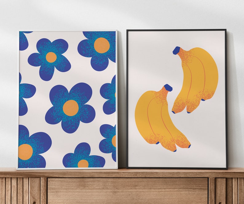 Bananas and Flowers Printable Poster Collection Set of 2 Modern Wall Decor Minimalist Art image 1