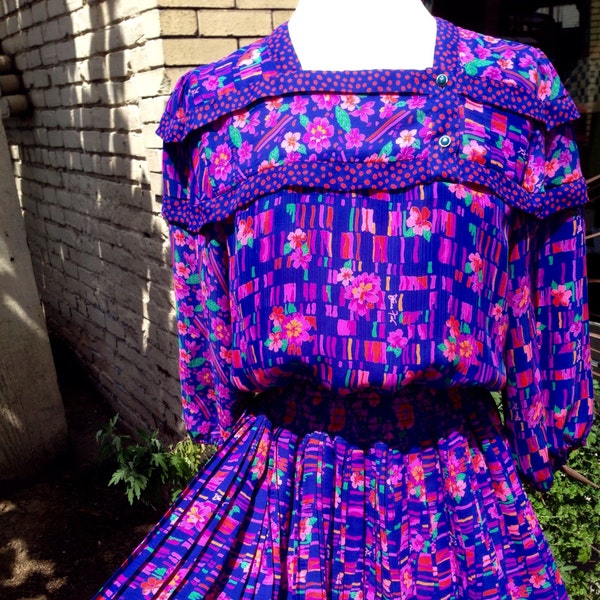 Vtg 70's Diane Freis Dress Cobalt Neon Floral Print ~ Medium Large