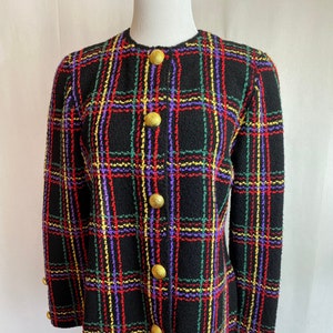 80’s 90’s black woven knit blazer bold colorful pinstripe plaid ~chunky gold buttons Nubby jacket 1980’s size M-Lg 8-10