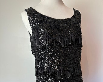 1960’s beaded top~ knit tunic~ 60’s black wool glass beads~ 1920’s style sleeveless/size Large