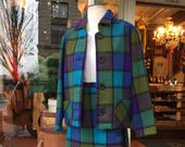 Fabulous 60 39 s color block woolen plaid 2pc skirt and jacket Mad Men mid century size M LG