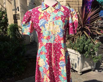 40's full length dress~ cotton floral print~ 1940's Maxi dress~ dressing gown~ day dress~ plus size vintage