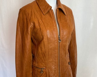 90’s so soft supple leather jacket Boho rocker  Androgynous style brown fitted collar zipper front size Med