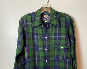 50’s 100% wool plaid Women’s blouse~ 1940’s-1950’s outdoors wear VTG skiing Wide blousy sleeves winter shirts Birger Ruud approved /Medium