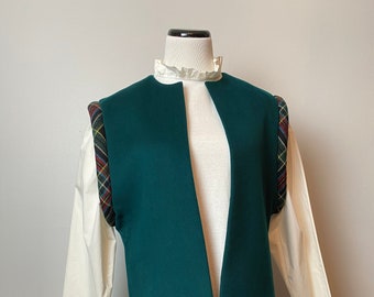 70’s felted wool vest / sleeveless overcoat jacket / puffed plaid trim / Minimalist Boho trend /Forest green /Boxy cropped oversized Med