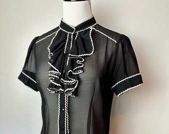 90’s -Y2K Black sheer blouse~ tuxedo bib front~ high neck~ puff sleeves ~ black & white shirt / peekaboo top~ size Med