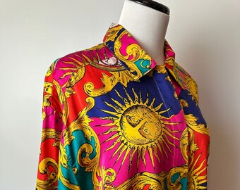 90’s Colorful 100% Silk shirt~ celestial Sun Bright illustration print bold gold pink orange Retro Plus size 16/ vintage women’s blouse XXLG