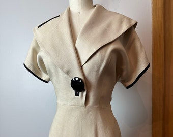 Gorgeous 1940’s 100% pure linen Arthur Weiss dress~ cream beige natural with black trim Shawl collar /One of a kind beautiful size / SMALL