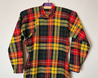 Vtg 1960’s plaid Wool Cheongsam dress~ bright colorful fall/ winter~ size XXSM/ petite woman or Youth size