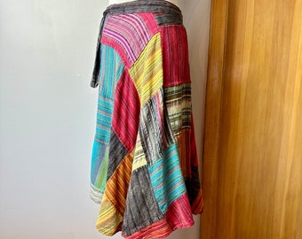 Vintage Wrap skirt~ 100% cotton Patchwork tie dyed hippie girl~ multicolor dead head vibes A line midi / size adjustable