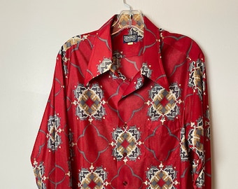 70’s Men’s Enro shirt Size LG ~ groovy funky dark red Abstract print large pointy collar