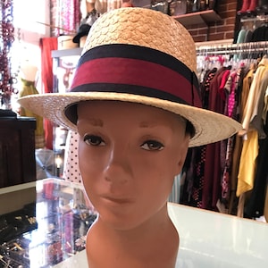 40’s 50’s Boater hat Summer straw hat Vintage mens stylish red & blue striped band ~1950&#39;s Scmitt ~ a real dandy ~unisex size small 6 3/4