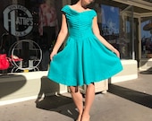 Vintage crisp linen dress fit n flare 80 39 s cheveron pleat dress teal like green jewel tone flirty sun dress