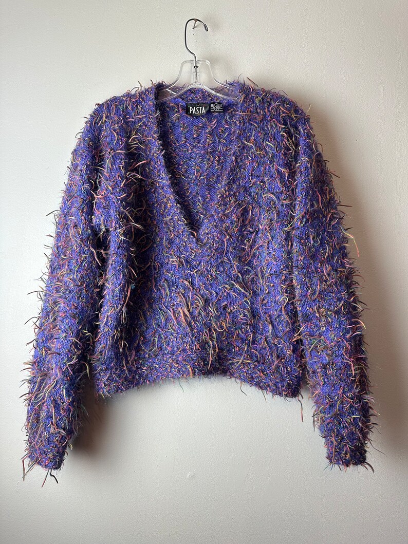 90s Colorful periwinkle yarny mohair textile sweater pullover v-neck wacky knotted confetti knit retro soft whimsical boxy /size Small image 9