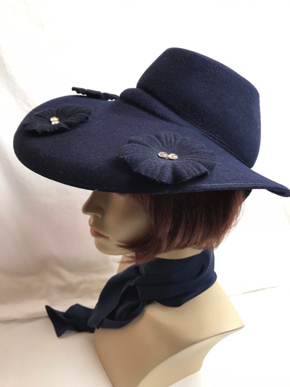 40’s wide brim hat navy blue felt~ pinup style ww… - image 3