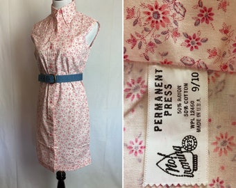 60’s dress pastel pink micro floral flower power preppy sleeveless button down shirt dresses~ calico size XS-Smallish