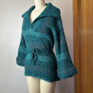 Vintage 70s wool knit sweater snug fit shawl collar teal green nubby wooly plaid belted waist cuffed belled sleeves Size Small image 7