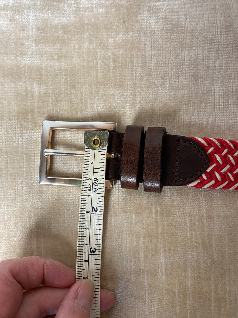 Ceinture tissée rouge et blanche VTG avec cuir/style unisexe androgyne Ceinture de pantalon skinny plus grande taille bohème taille 34/taille ouverte image 8