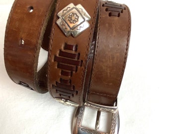 Vintage brown leather southwestern style belt 90s trend western shiny carved silver buckle long skinny trouser belt unisex Men’s Med 29”-33”