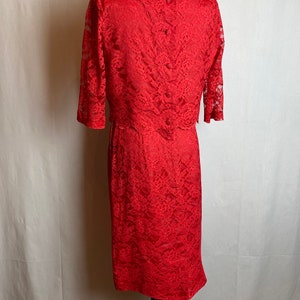 60s Coral red lace dress pencil skirt with cropped layered top 1960s Mod Retro set/suit Valentines Day dress size 26 waist/ small image 9