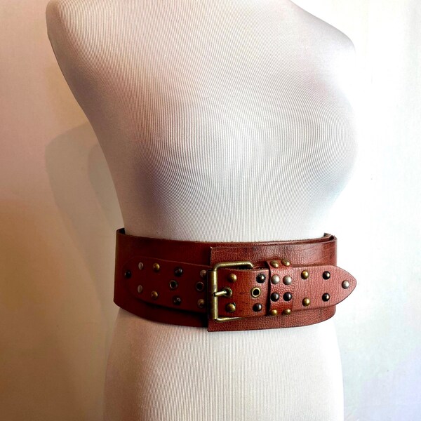 80’s Extra Wide thick brown leather dress belt studs Benetton Italy New wave rocker boho 1980’s statement corset style size SM/M