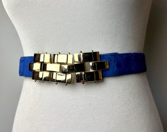 90s Royal Blue Suede Belt: Gold Buckle, Adjustable Size 34"