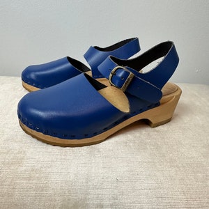 Bright blue Girls leather clogs timeless wooden clogs sandals buckle strap wedges boho style youth size 35 image 1