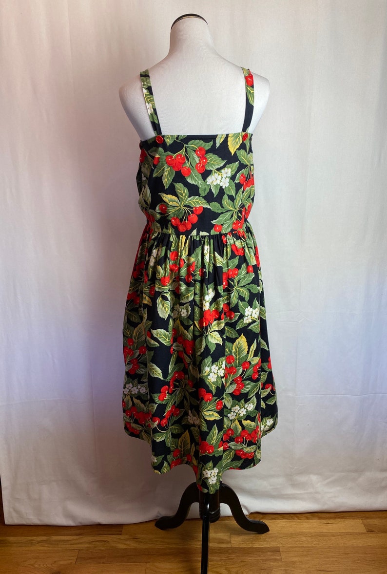 Vintage cotton sundress 80s 90s cherry cherries sweet pinup halter bibbed style frock pleated fitnflare black & red/ XSM image 7