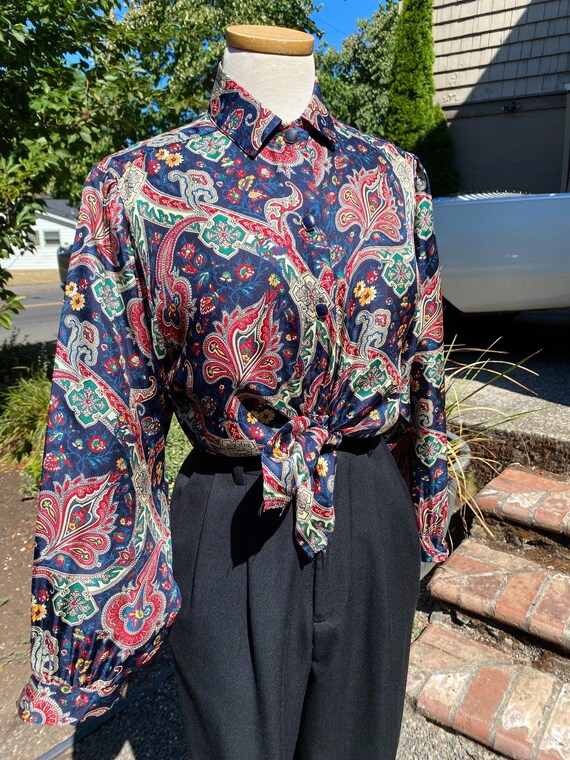 Vintage 80\u2019s paisley print button up blouse silky satin puff bishop sleeve blouse 70\u2019s
