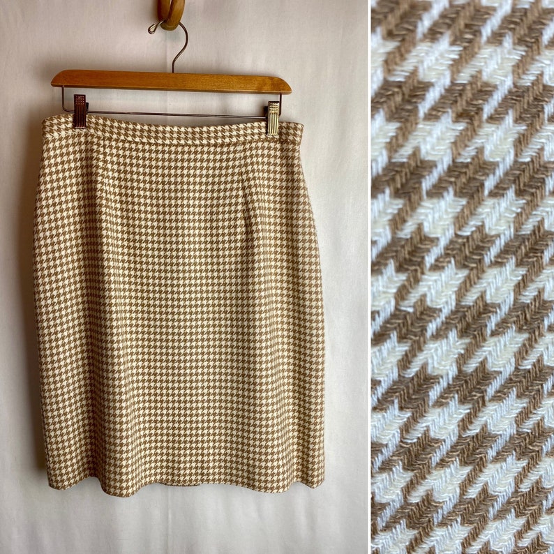 VTG camel color houndstooth wool skirt pencil skirts short kick pleat 80s 90s vintage size XL 34 waist image 7