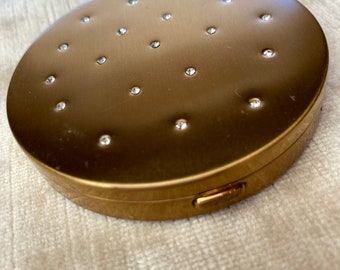 MCM compact vintage powder makeup mirrored vanity case gold tone with micro rhinestones large circle mirror burlesque