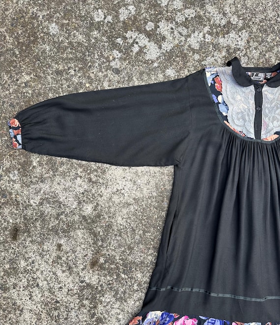 70's Boho Dress~ Black With Floral~ Long Lantern Sleeves~ Lace Bib Peterpan  Collar~ Full Pleated Baby Doll Pilgrim With Pockets~ Midi~ M/L - Etsy