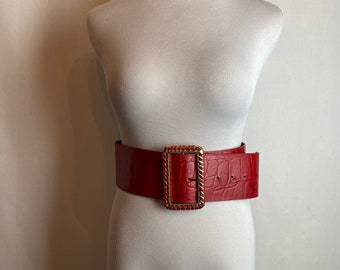 80’s Extra Wide Red perforated dress belt Croc look New wave Goth rocker retro 1980’s Women’s statement corset style belts size M